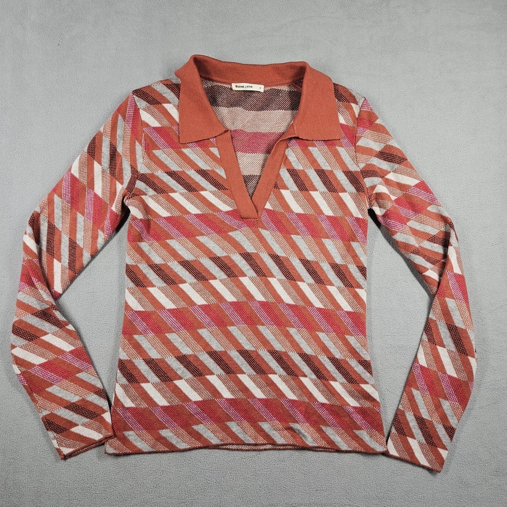 Marine Layer Morgan Sweater Polo Women Small Warm Geometric Long Sleeve Knit Top